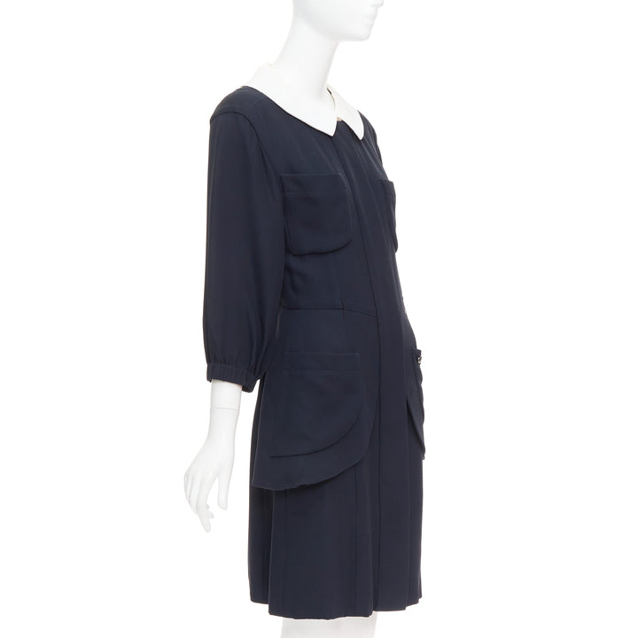 rare CHANEL 2015 Runway black silk white cotton collar trompe loeil dress FR36 S