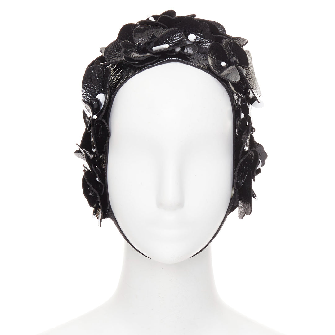 MIU MIU 2017 Runway black patent leather petals beaded retro swim cap hat S