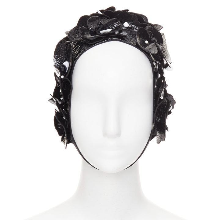 MIU MIU 2017 Runway black patent leather petals beaded retro swim cap hat S