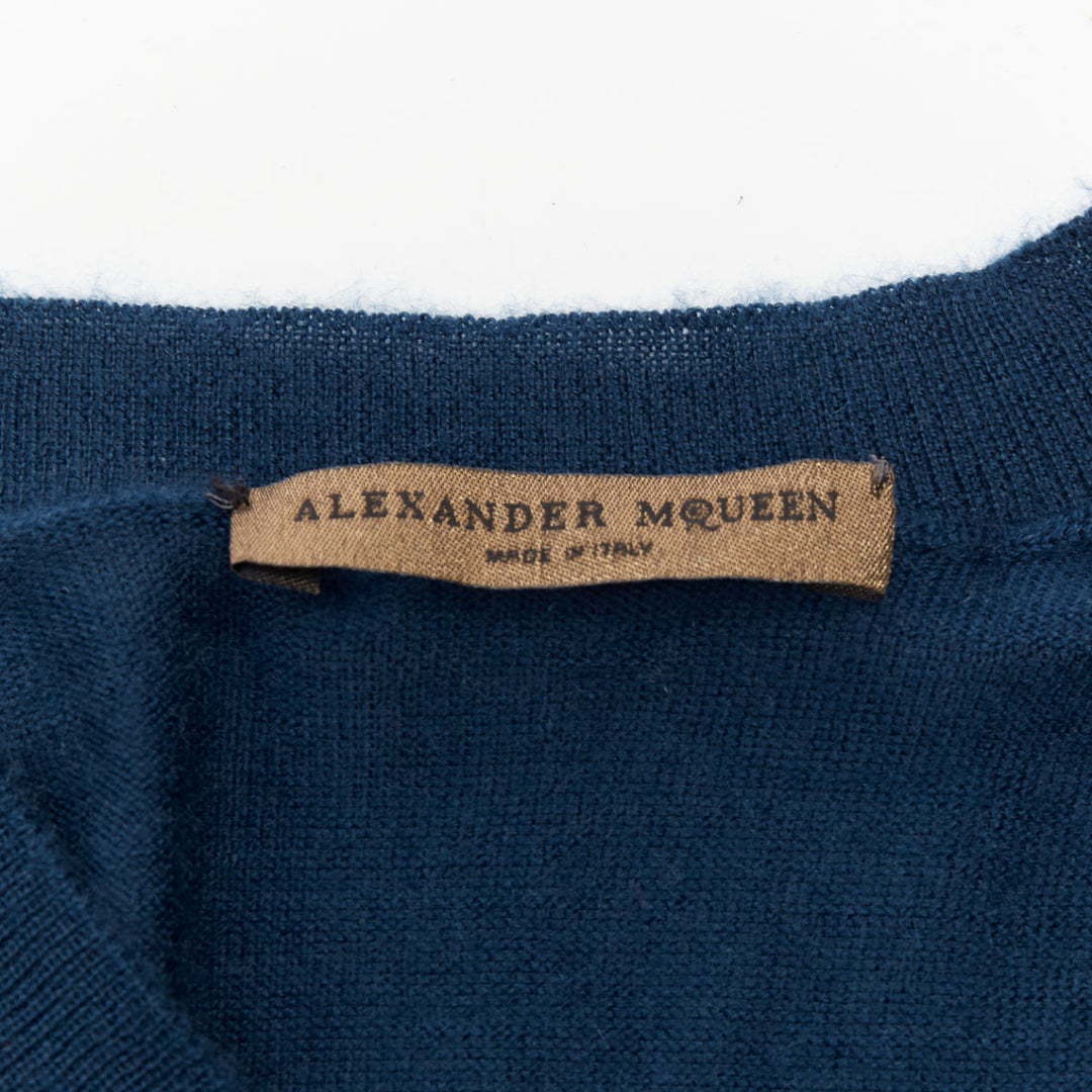ALEXANDER MCQUEEN dark teal blue wool knit V-neck long sleeve  sweater XS