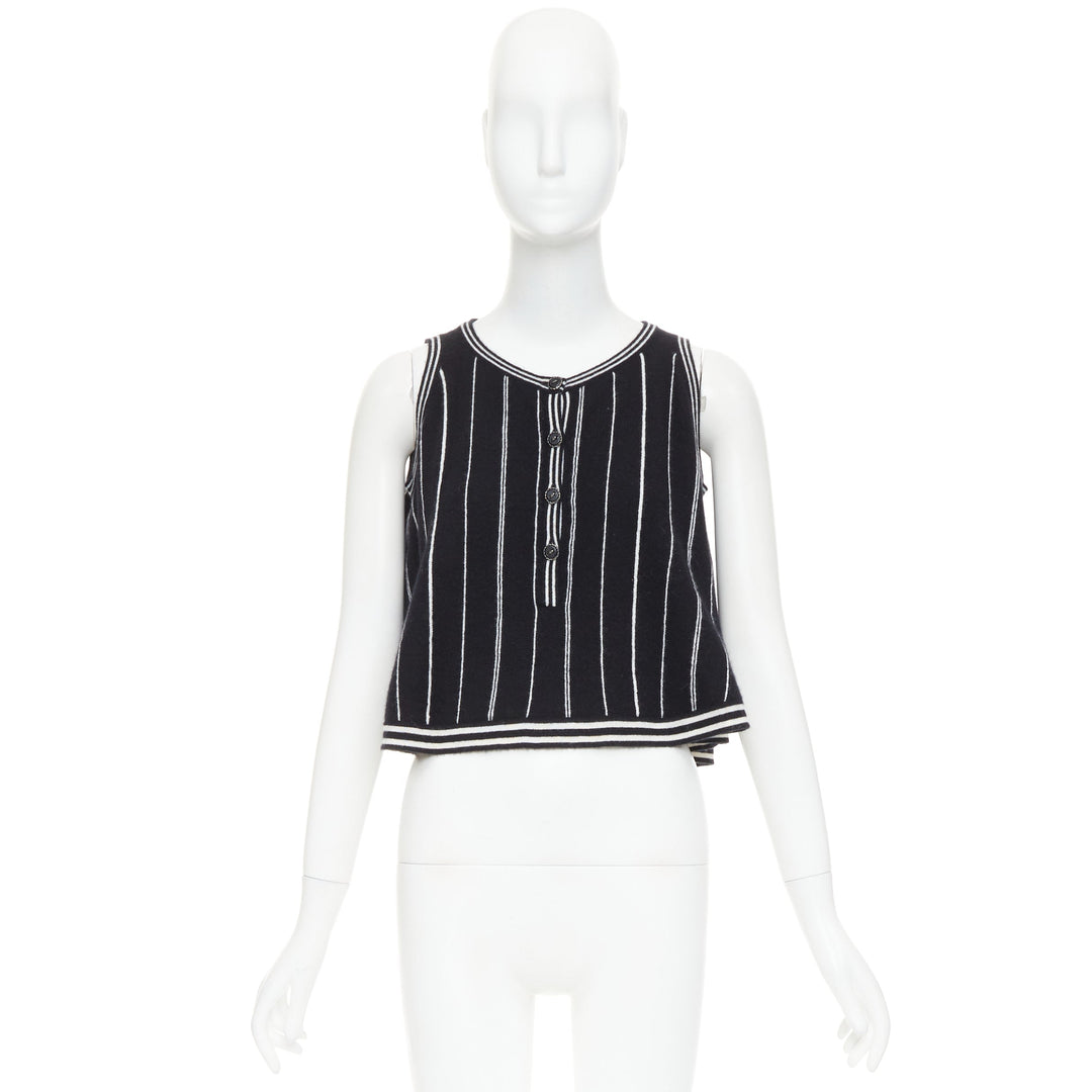 CHANEL 2015 100% cashmere black white striped A-line flared crop tank FR 34/36