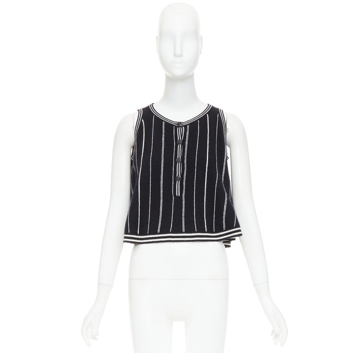 CHANEL 2015 100% cashmere black white striped A-line flared crop tank FR 34/36