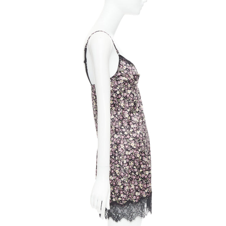 D&G DOLCE GABBANA Vintage pink green floral black bow lace trim slip dress M