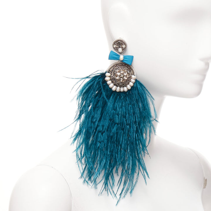 RANJANA KHAN turquoise blue feather faux pearl dangling clip on earrings