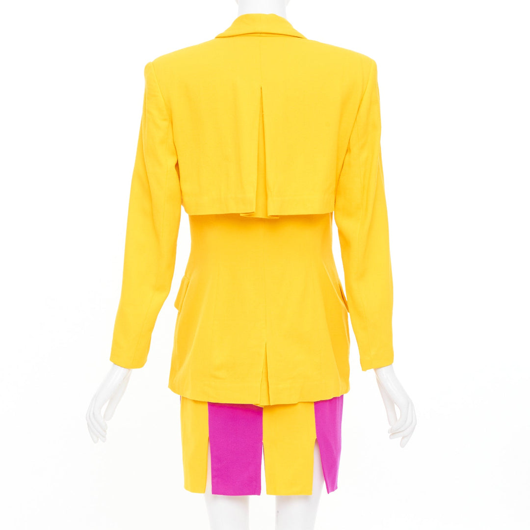 TAHARI Vintage yellow fuchsia block tiered blazer skirt suit set US 6 M