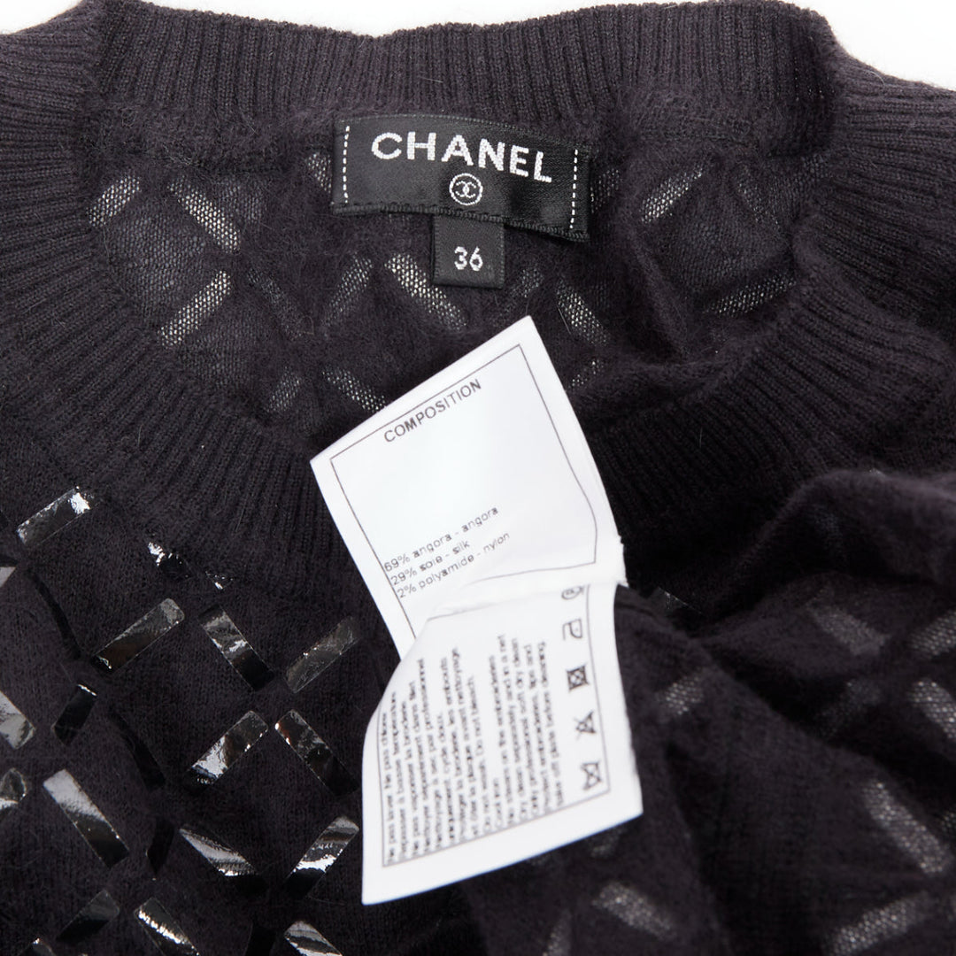 CHANEL black angora blend criss cross shine print knit dress FR36 S