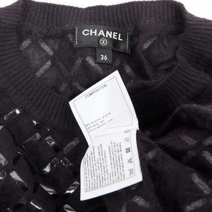 CHANEL black angora blend criss cross shine print knit dress FR36 S