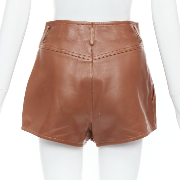 SAINT LAURENT 2020 brown lamb leather pleated riding shorts FR36 S