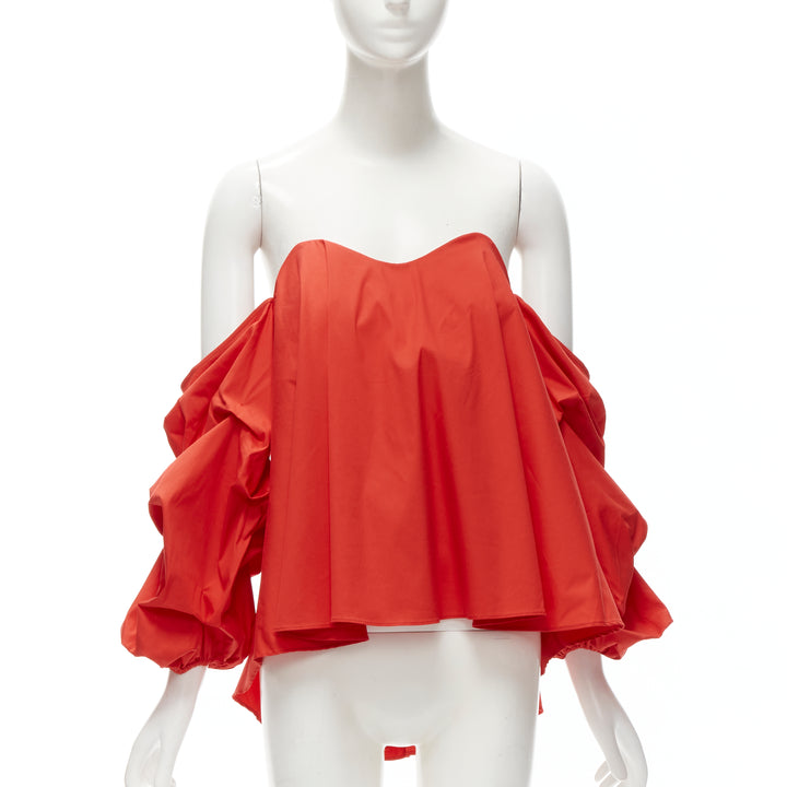 CAROLINE CONSTAS red strapless puff sleeves flared sweetheart corset top M