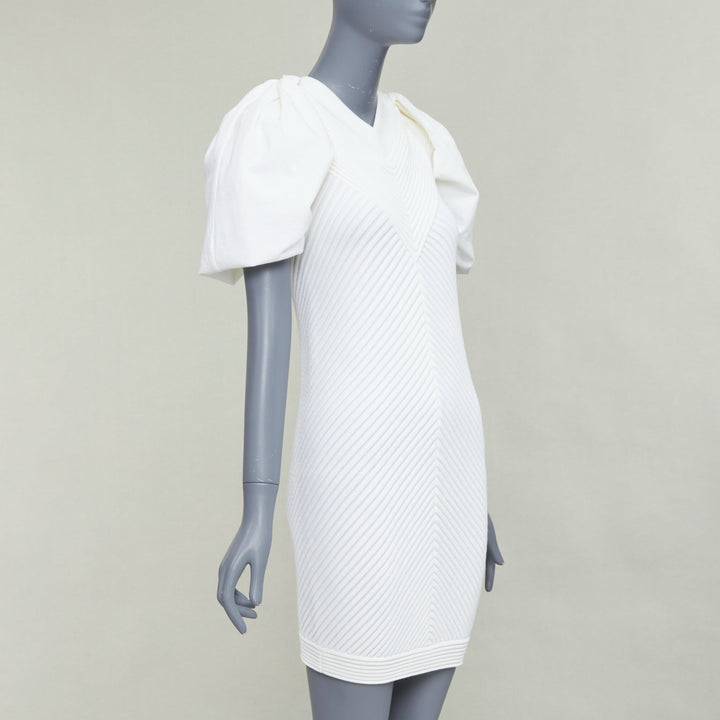 CHANEL 09P white cotton blend chevron puff sleeve CC buttons knit dress FR34 XS
