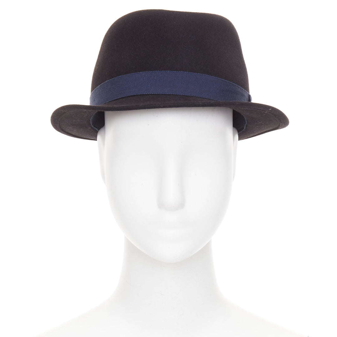 CHANEL 2011 black rabbit felt  navy ribbon trim CC logo fedora hat M