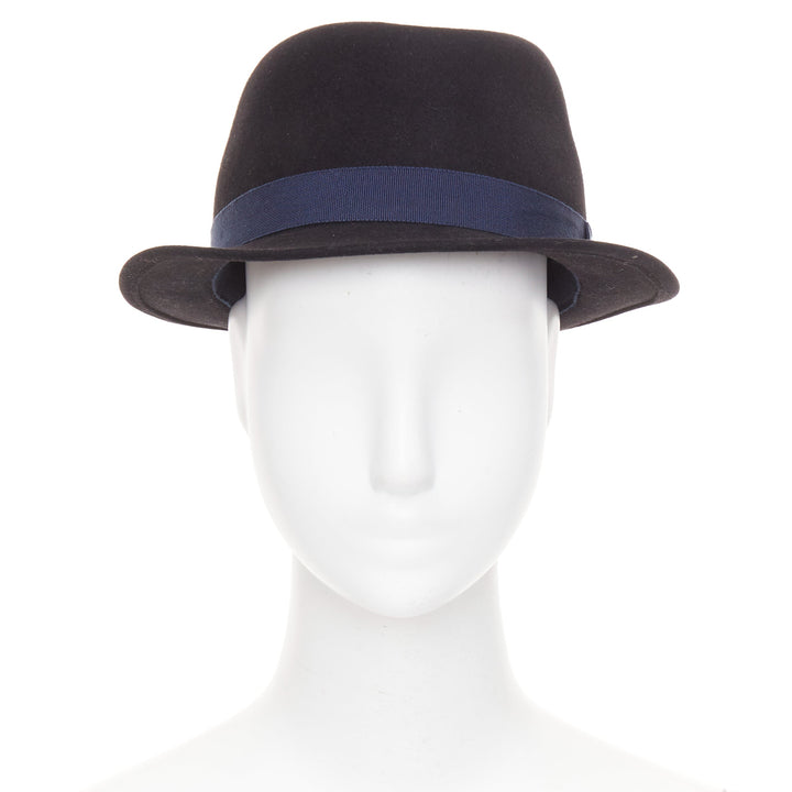 CHANEL 2011 black rabbit felt  navy ribbon trim CC logo fedora hat M