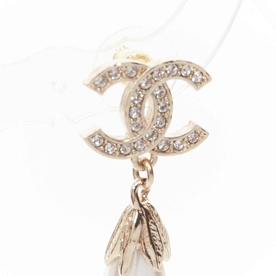 CHANEL L25S champagne gold CC logo crystal pave drop pearl pin earrings pair