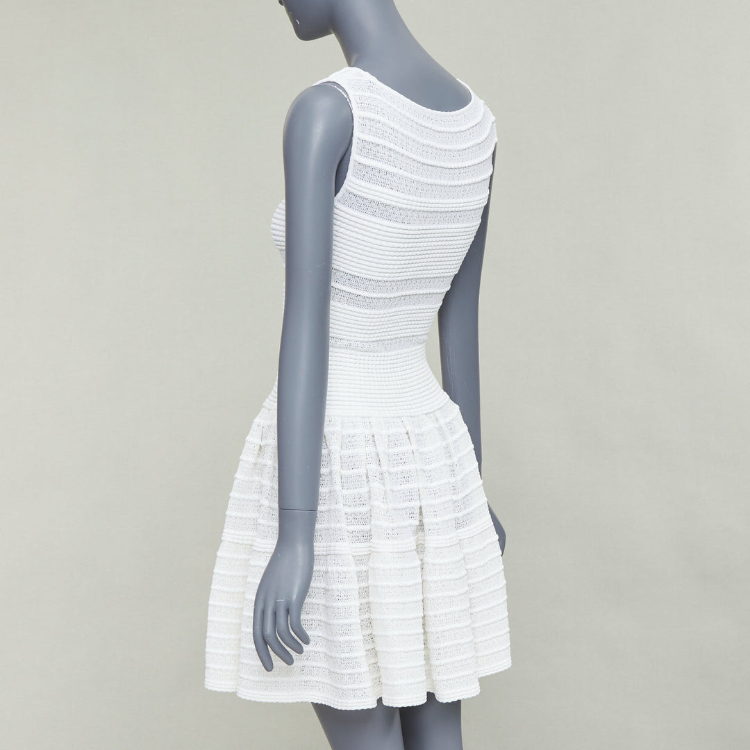 ALAIA cream viscose blend horizontal tiered knit fit flare mini dress FR36 S