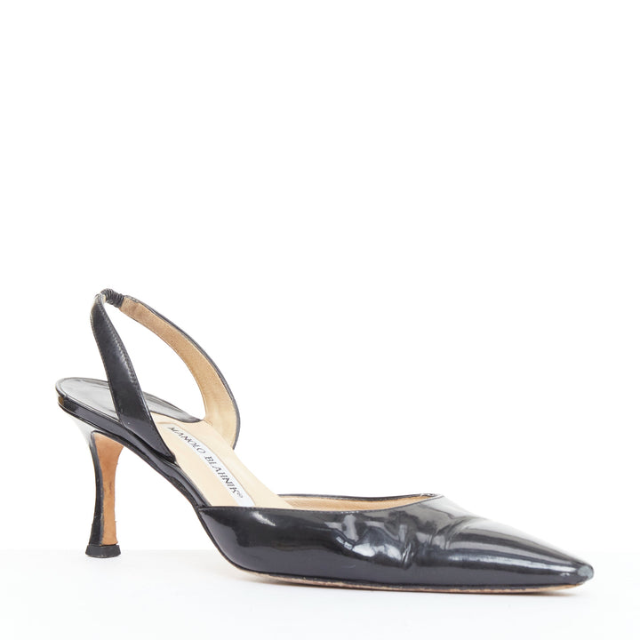 MANOLO BLAHNIK black patent pointed toe slingback dorsay heel EU39