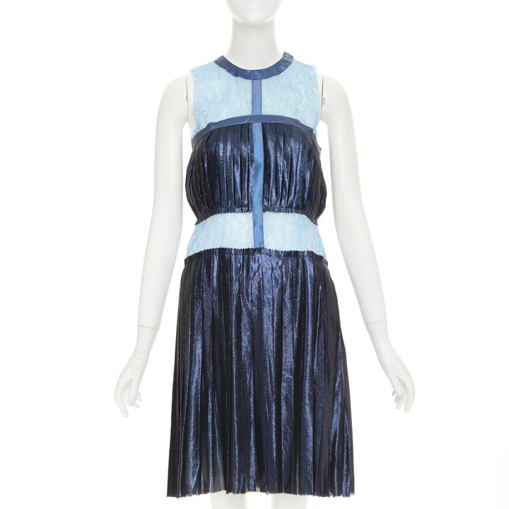 RODARTE 2008 Runway metallic blue silk blend pleated knee dress US6 M