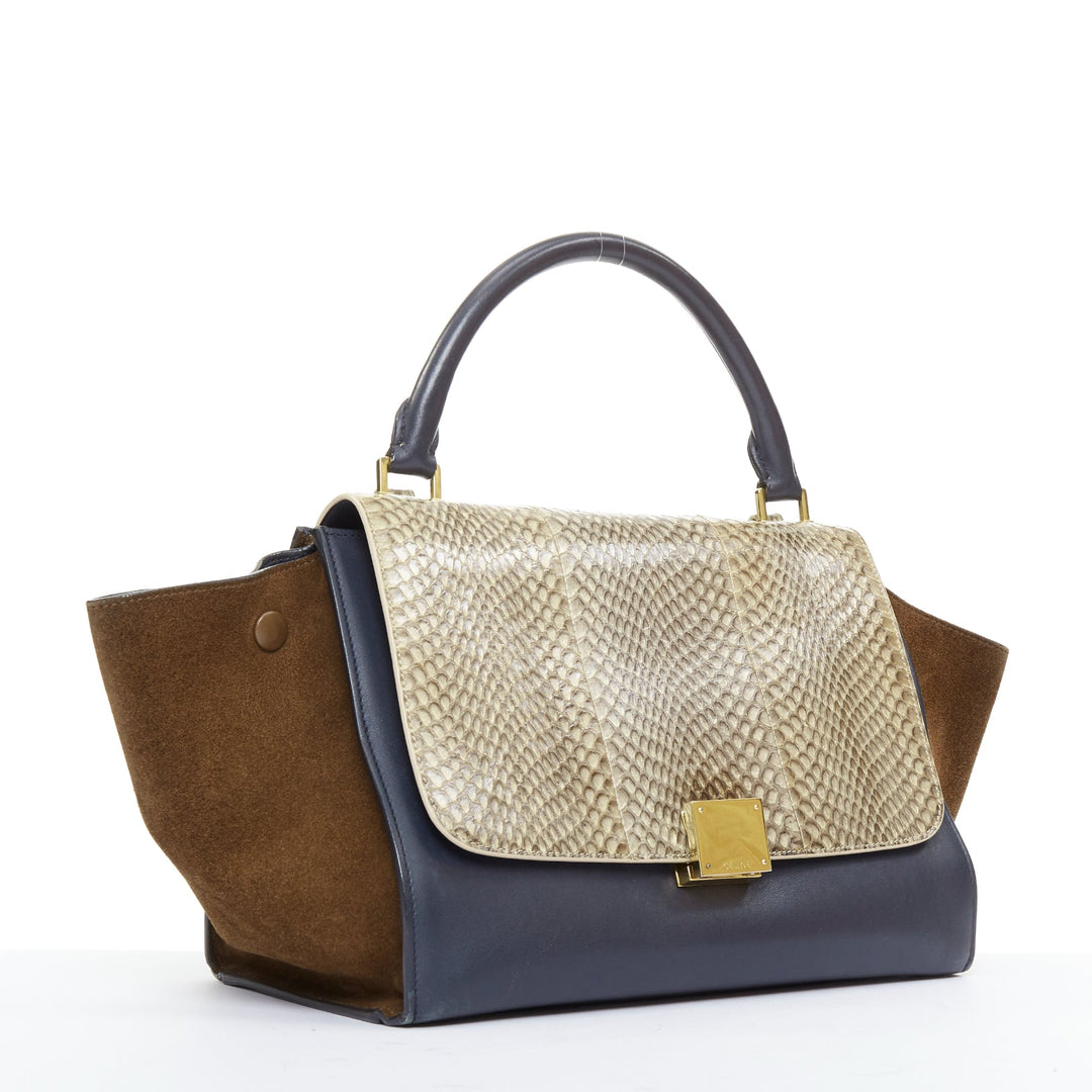 CELINE Trapeze beige scaled leather flap navy brown gold hardware bag