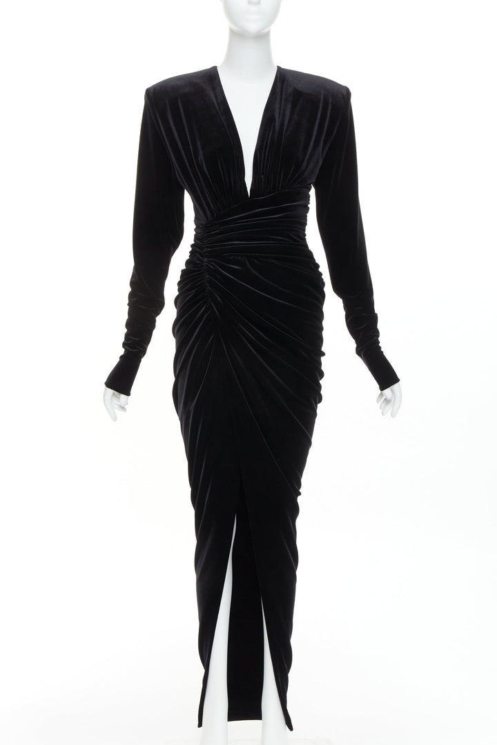 ALEXANDRE VAUTHIER black velvet Power shoulder padded wrap drape slit gown dress