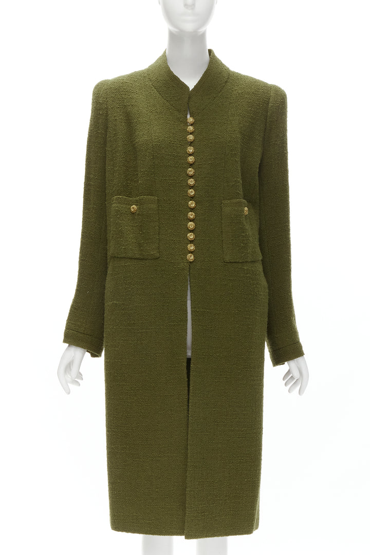 CHANEL COUTURE 96A green tweed gold filigree floral button long coat US6 M