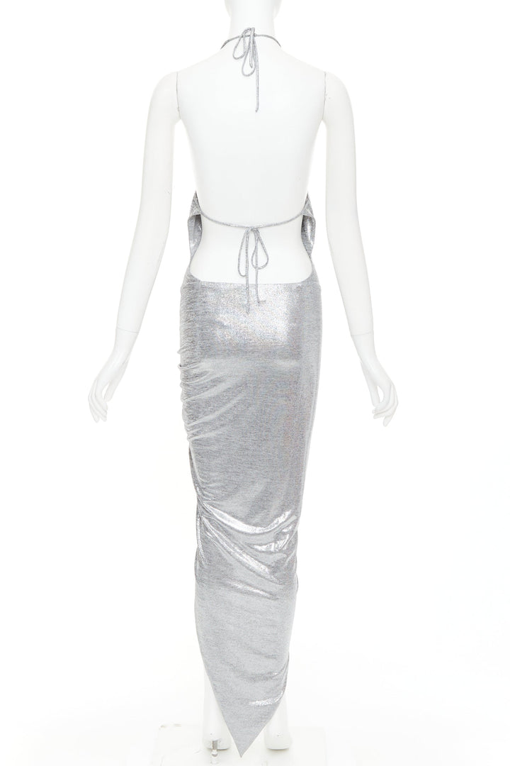 ALEXANDRE VAUTHIER platinum metallic coated jersey halter backless dress FR38 M