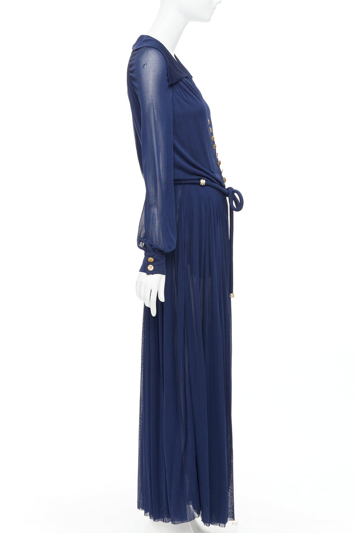 CHANEL 2017 Runway navy gold CC owl logo buttons pleated belted dress FR36 S