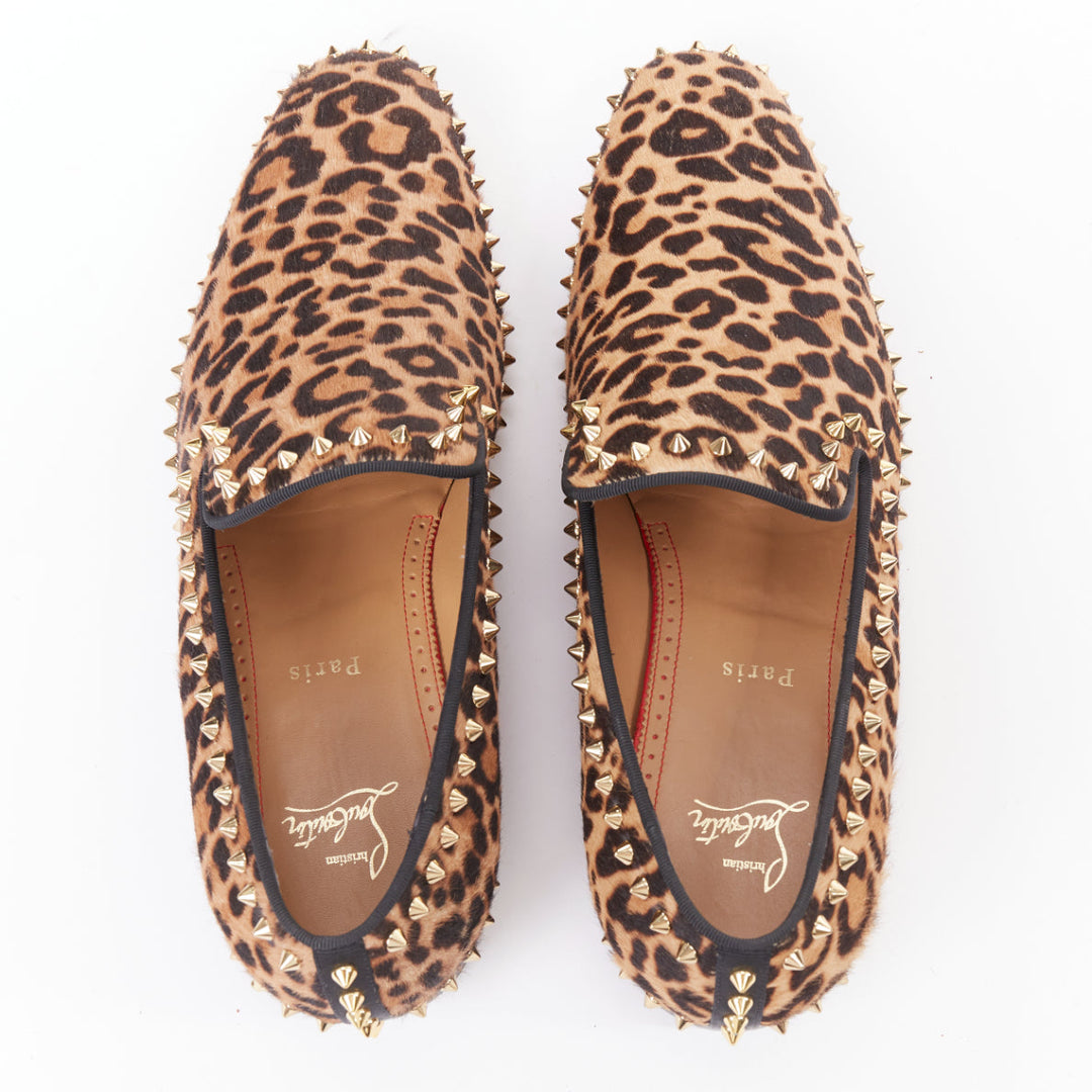CHRISTIAN LOUBOUTIN brown leopard print ponyhair gold spike stud loafers EU43