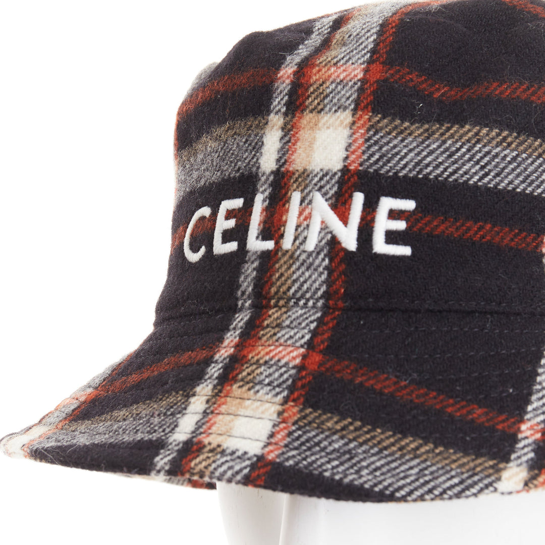 CELINE 2021 Runway Plaid Woven Bucket Hat black red wool logo cap M