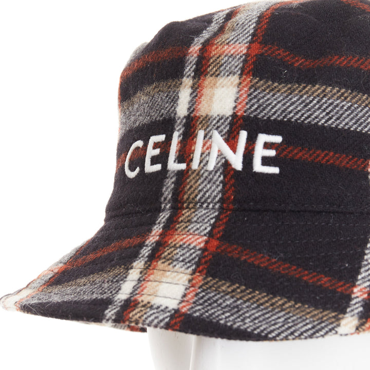 CELINE 2021 Runway Plaid Woven Bucket Hat black red wool logo cap M