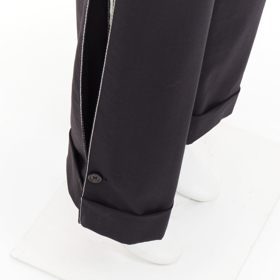 MONSE black virgin wool cream cotton twill logo trim wide leg pants US2 S