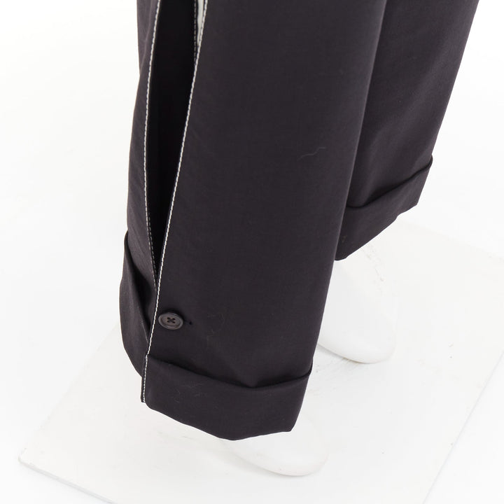 MONSE black virgin wool cream cotton twill logo trim wide leg pants US2 S