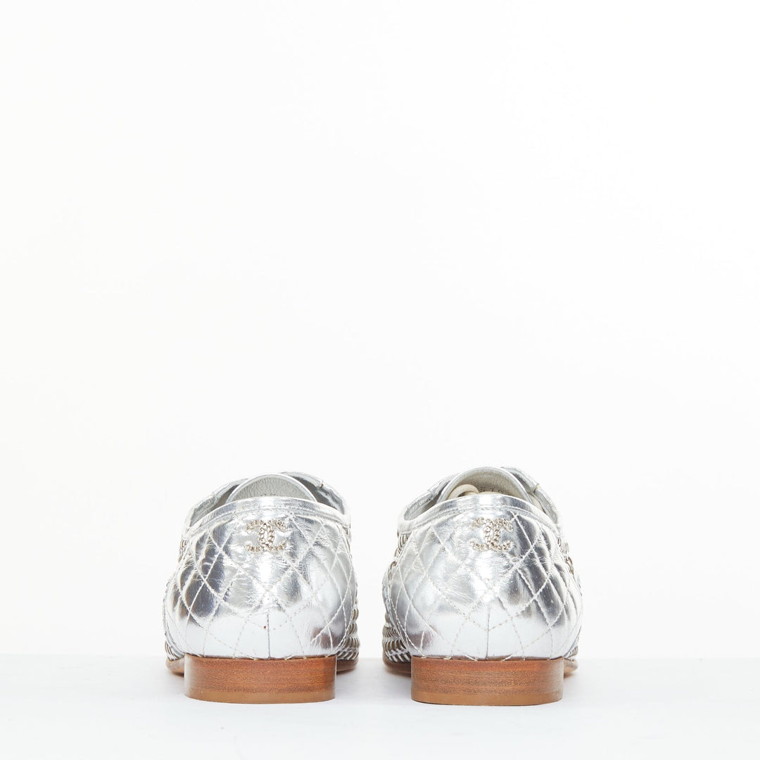 CHANEL 2016 interlocking CC metallic silver woven leather oxford EU39 US9