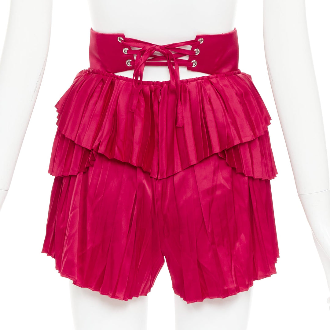 ANDREA IYAMAH Hibi red satin tiered laced corset pleated shorts XS