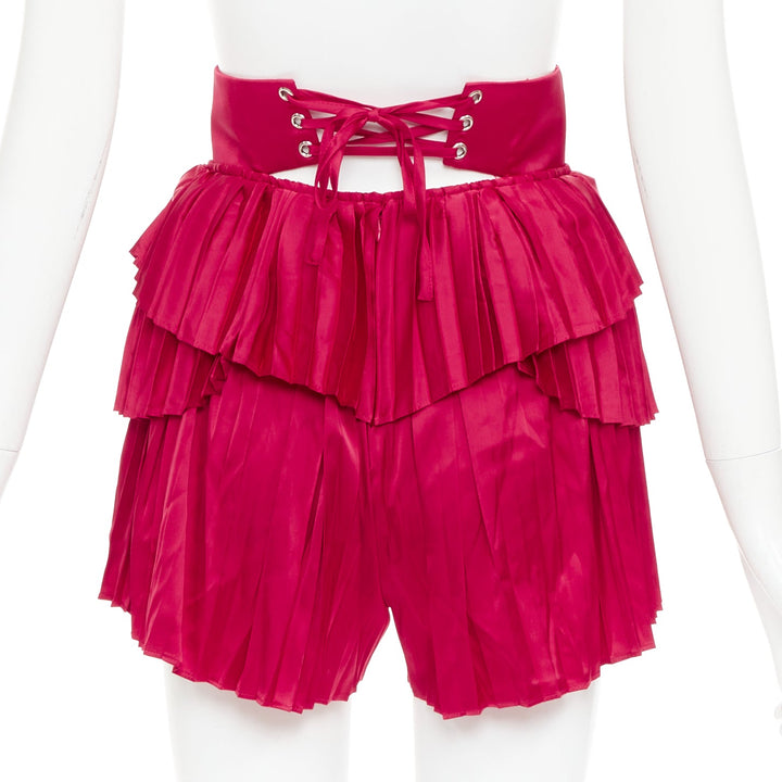 ANDREA IYAMAH Hibi red satin tiered laced corset pleated shorts XS