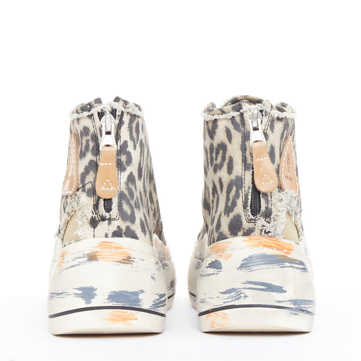 R13 Kurt beige grey leopard print orange paint effect platform high sneaker EU38