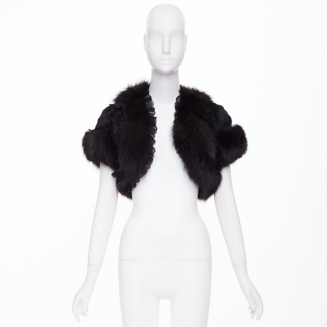 ADAM JONES 2004 black lace trim fox rabbit fur cropped open front bolero FR40 L