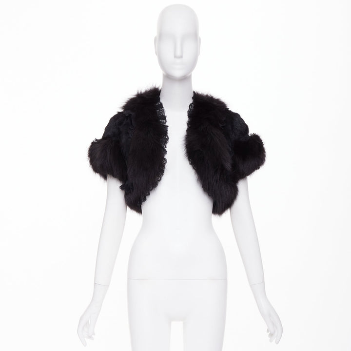 ADAM JONES 2004 black lace trim fox rabbit fur cropped open front bolero FR40 L