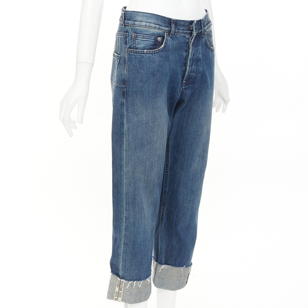 DIOR CD 01 blue denim logo tape cuff frayed boyfriend cropped jeans FR36 S
