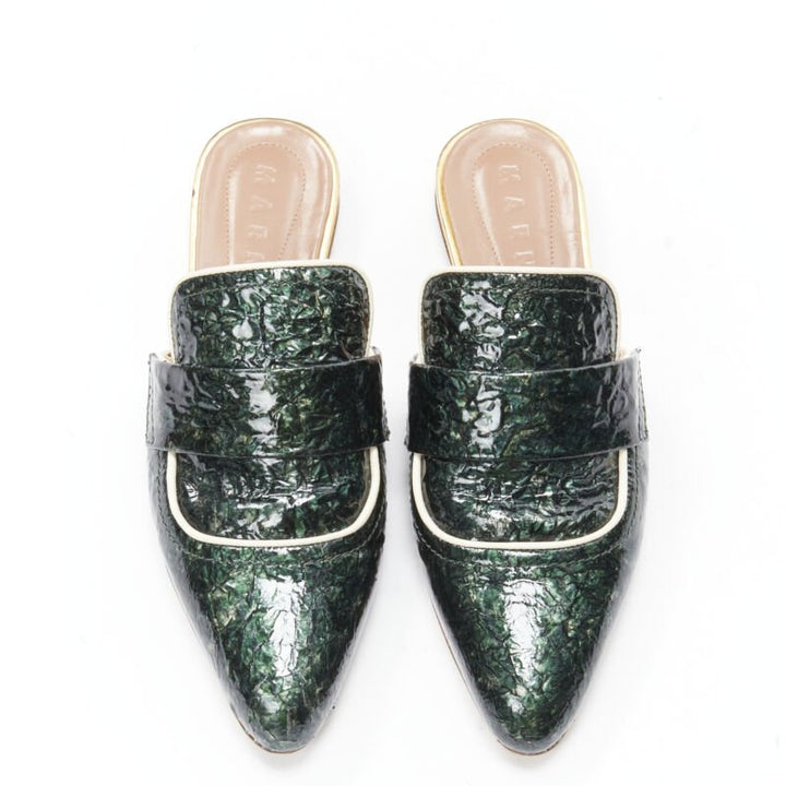 MARNI green crinkled patent point toe slip on mule flats loafer EU37.5