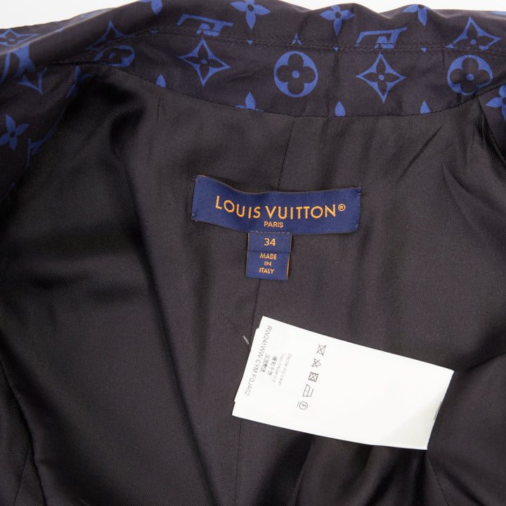 LOUIS VUITTON navy blue lightweight silk LV monogram gold button blazer FR34 XS