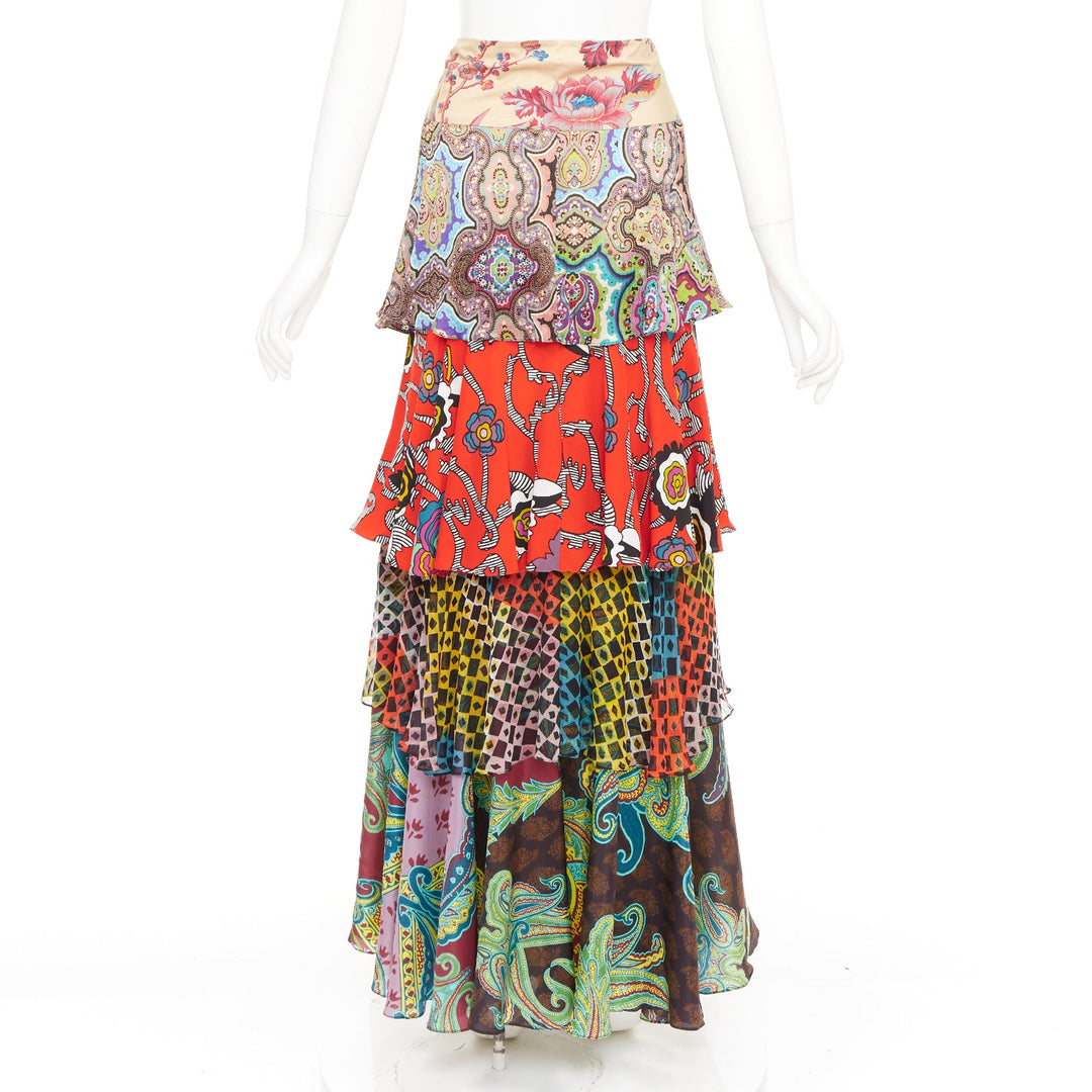 CHRISTIAN LACROIX Vintage tiered paisley patchwork silk bohemian skirt FR46 3XL