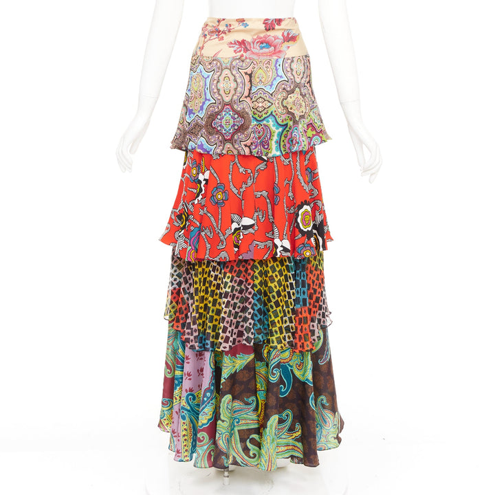 CHRISTIAN LACROIX Vintage tiered paisley patchwork silk bohemian skirt FR46 3XL