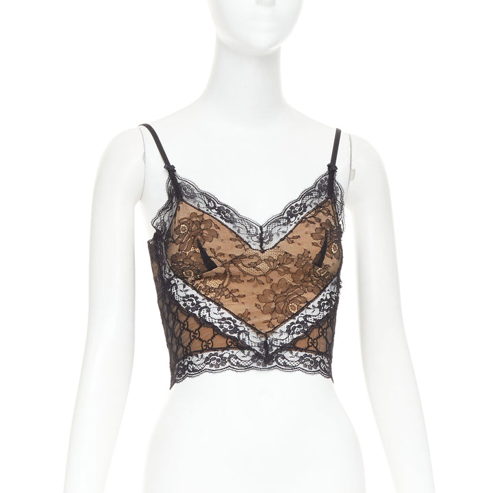 GUCCI 2023 Runway GG monogram stretch lace cropped cami top XS