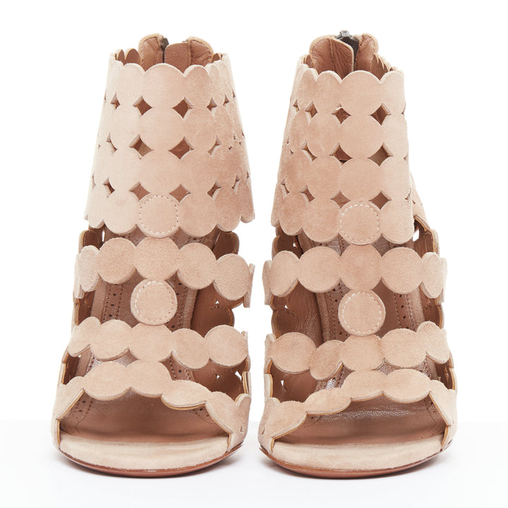 ALAIA nude leather scallop cut out caged high heeled sandals EU35