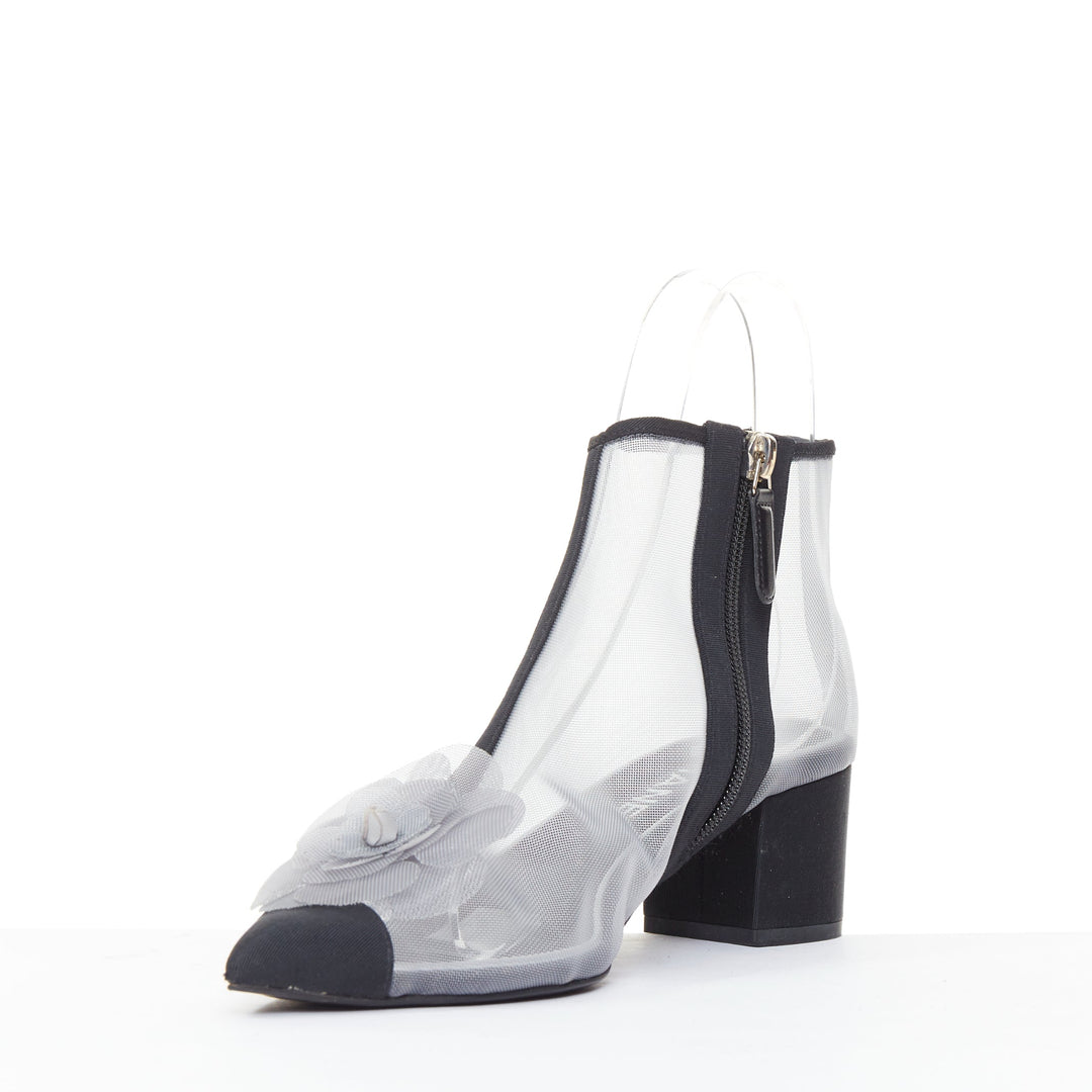 CHANEL 2019 sheer mesh black grosgrain Camelia embellished ankle boots EU38