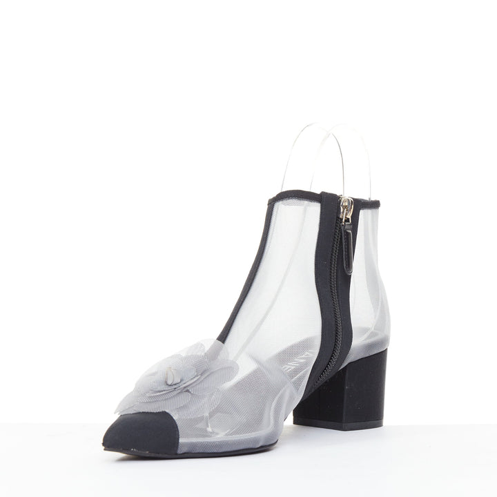 CHANEL 2019 sheer mesh black grosgrain Camelia embellished ankle boots EU38