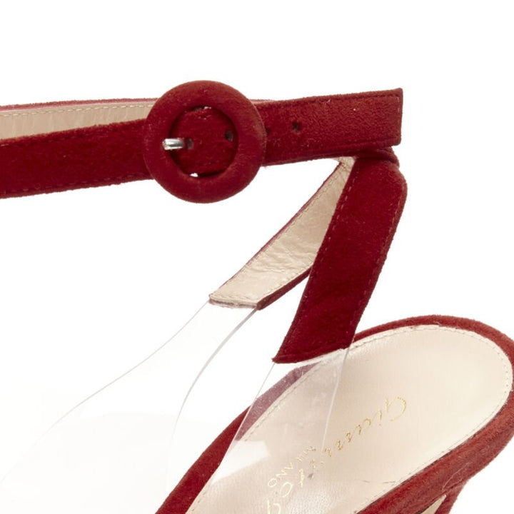 GIANVITO ROSSI Plexi red suede clear PVC ankle strap pump EU38.5