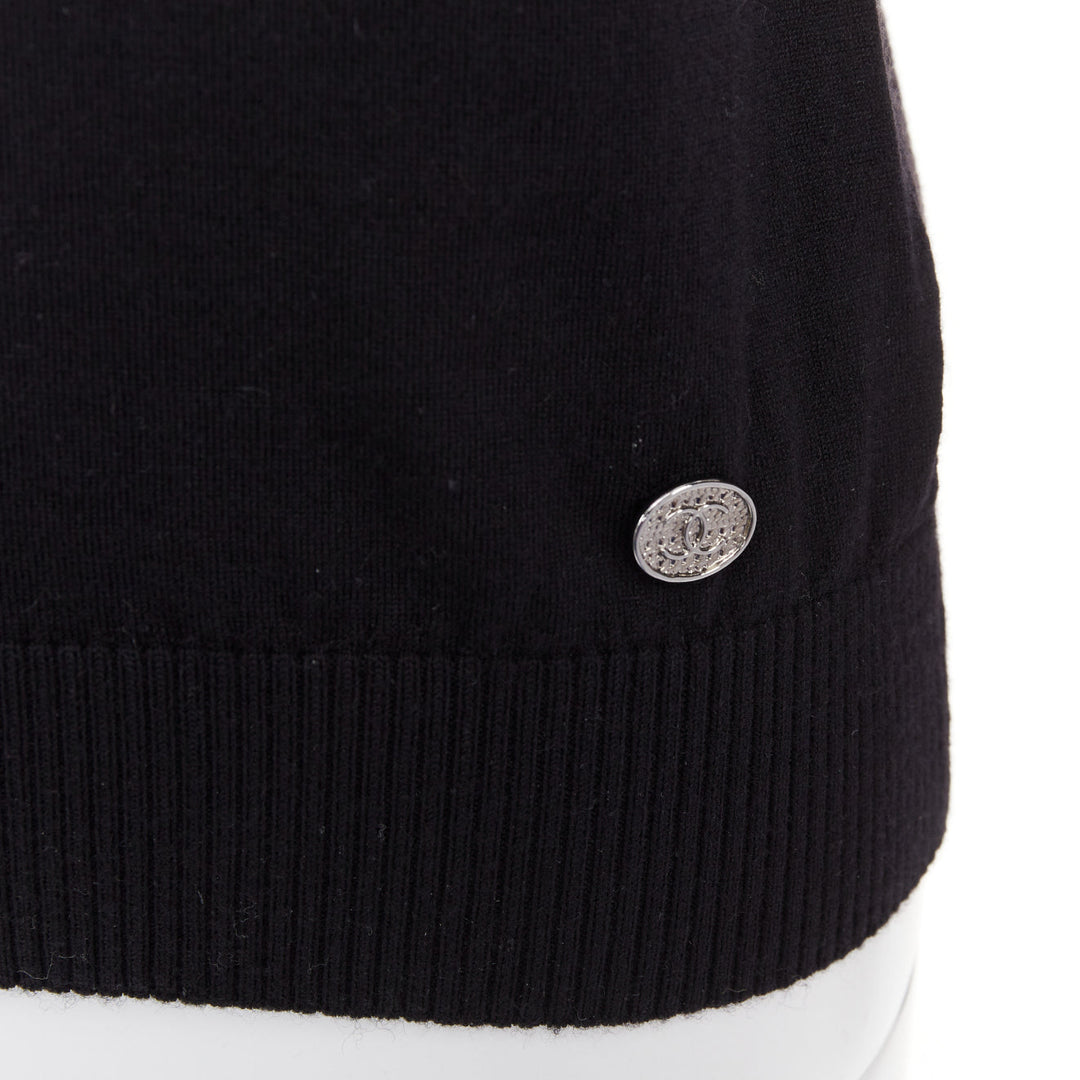 CHANEL 21A black wool sequin CC logo stripe sleeve crewneck pullover FR34 XS