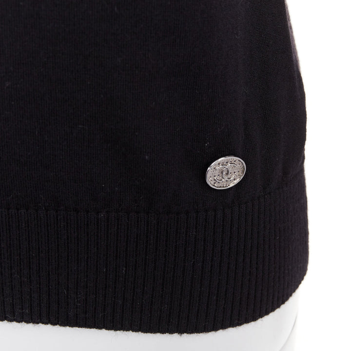 CHANEL 21A black wool sequin CC logo stripe sleeve crewneck pullover FR34 XS