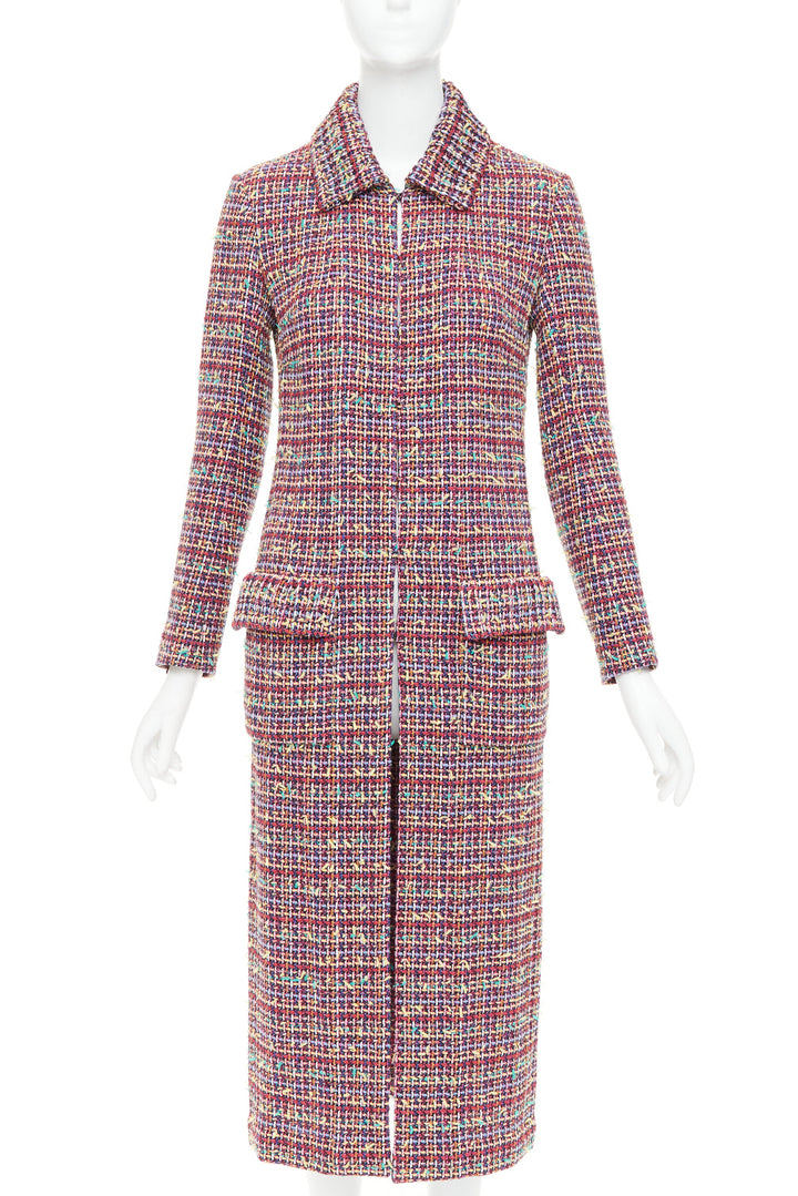 CHANEL 23A Runway multicolor wool blend tweed flap pockets long coat FR36 S
