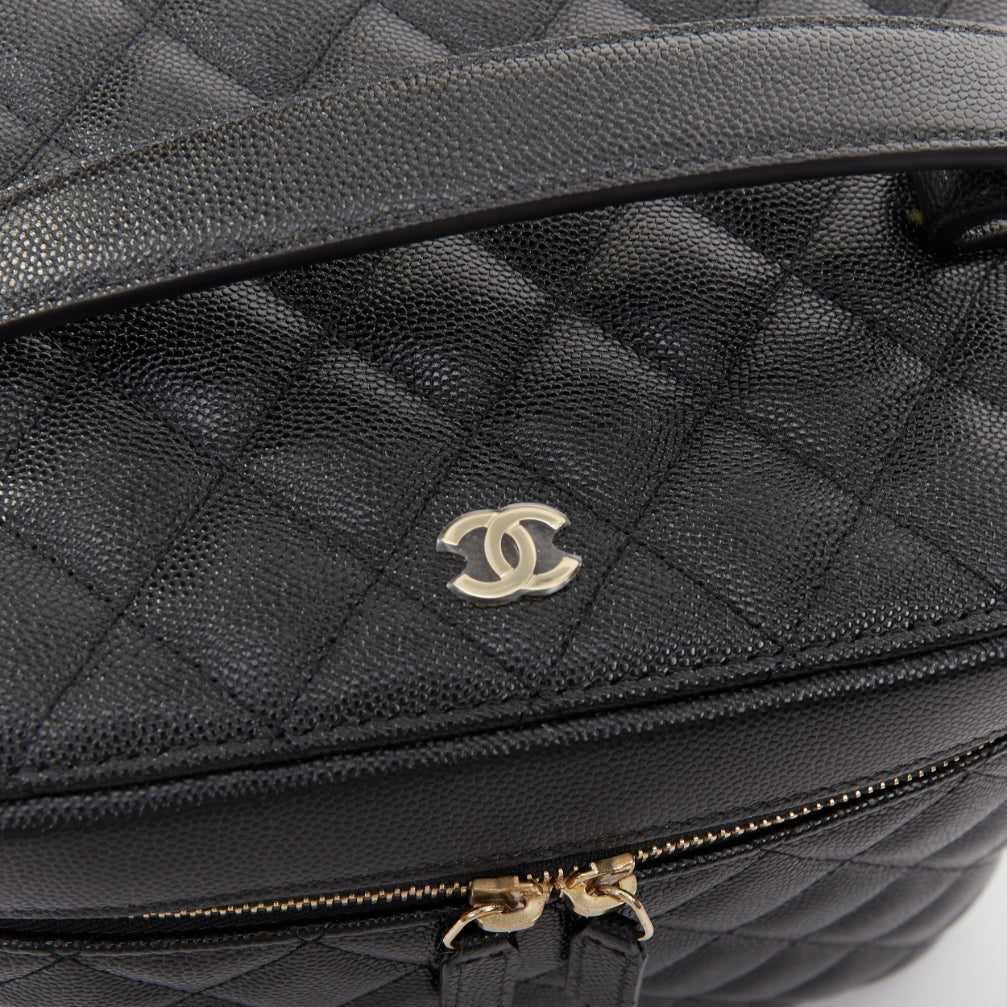 CHANEL black diamond quilted pebbled leather large top handle vanity case bag